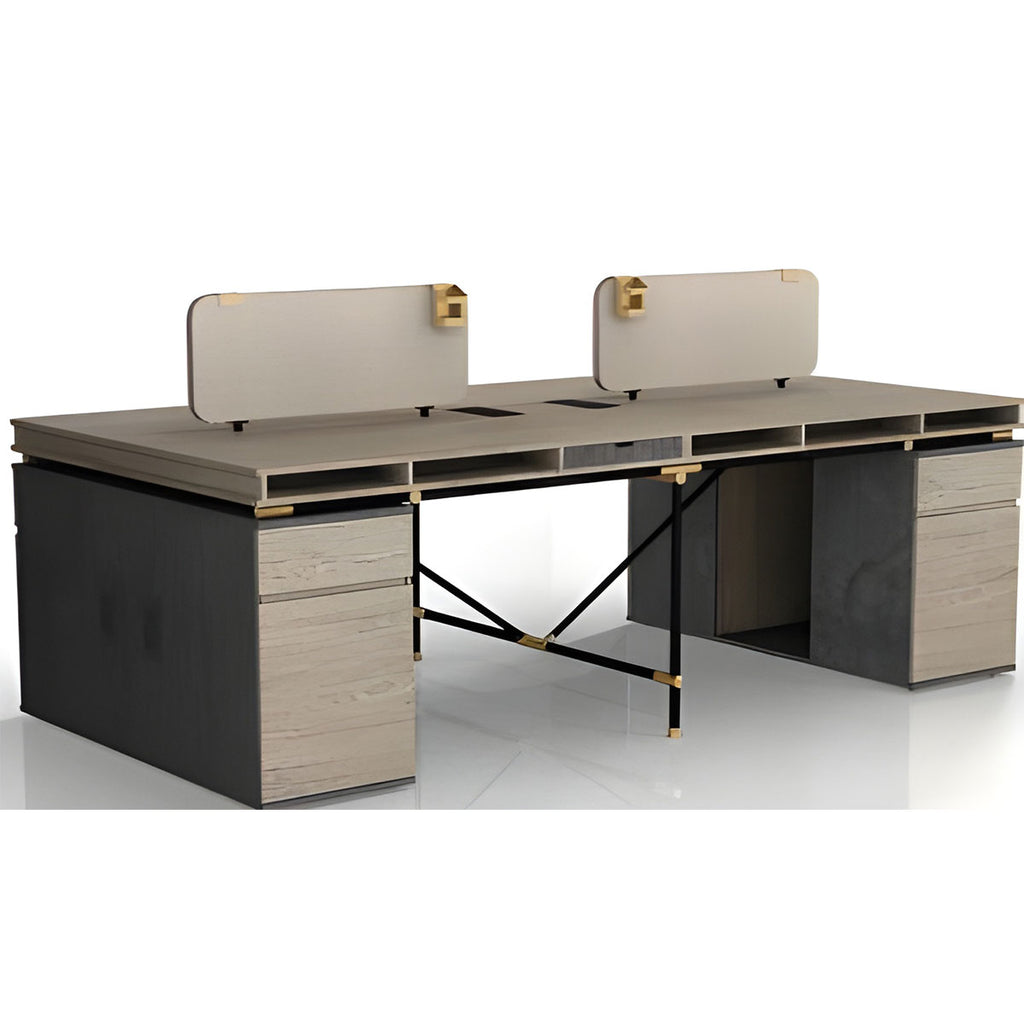 Tobacco Wood 4-person Workstation Desk with 4 Mobile Lockers, Stylish and Simple Office Desk