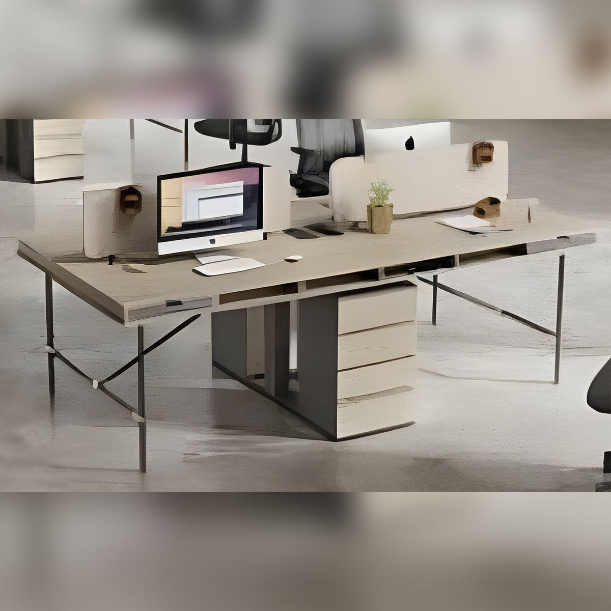 Tobacco Wood 4-person Workstation Desk with 2 removable lockers, stylish and beautiful Office Desk