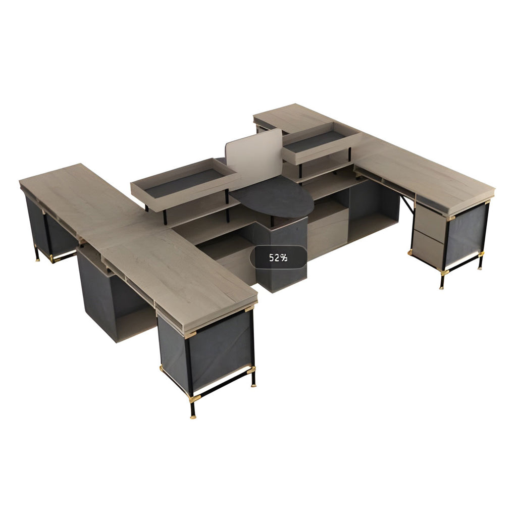Tobacco Wood 4-person Workstation Desk with Drawer Cabinet and Open File Rack, Beautiful and Stylish Office Desk